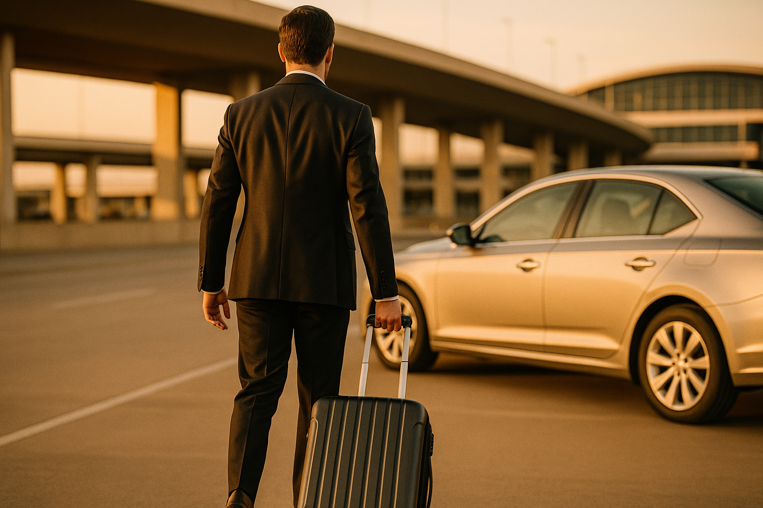 Business traveler with suitcase walking to silver sedan at DFW