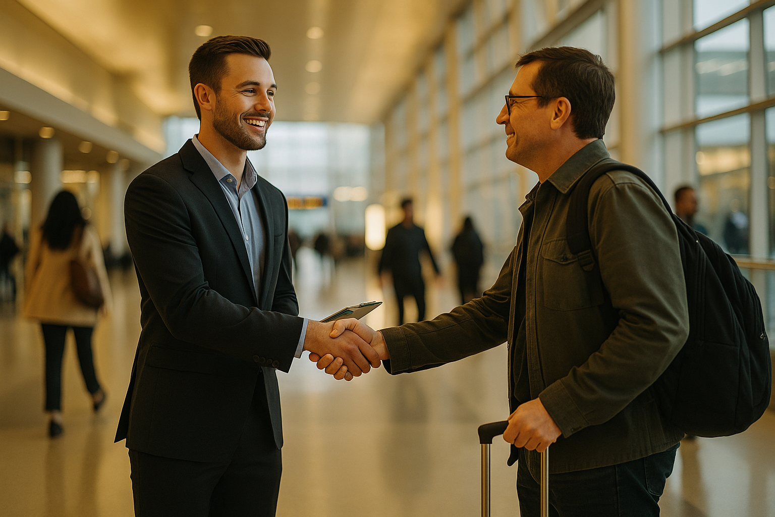 Rental greeter handshake inside DFW terminal