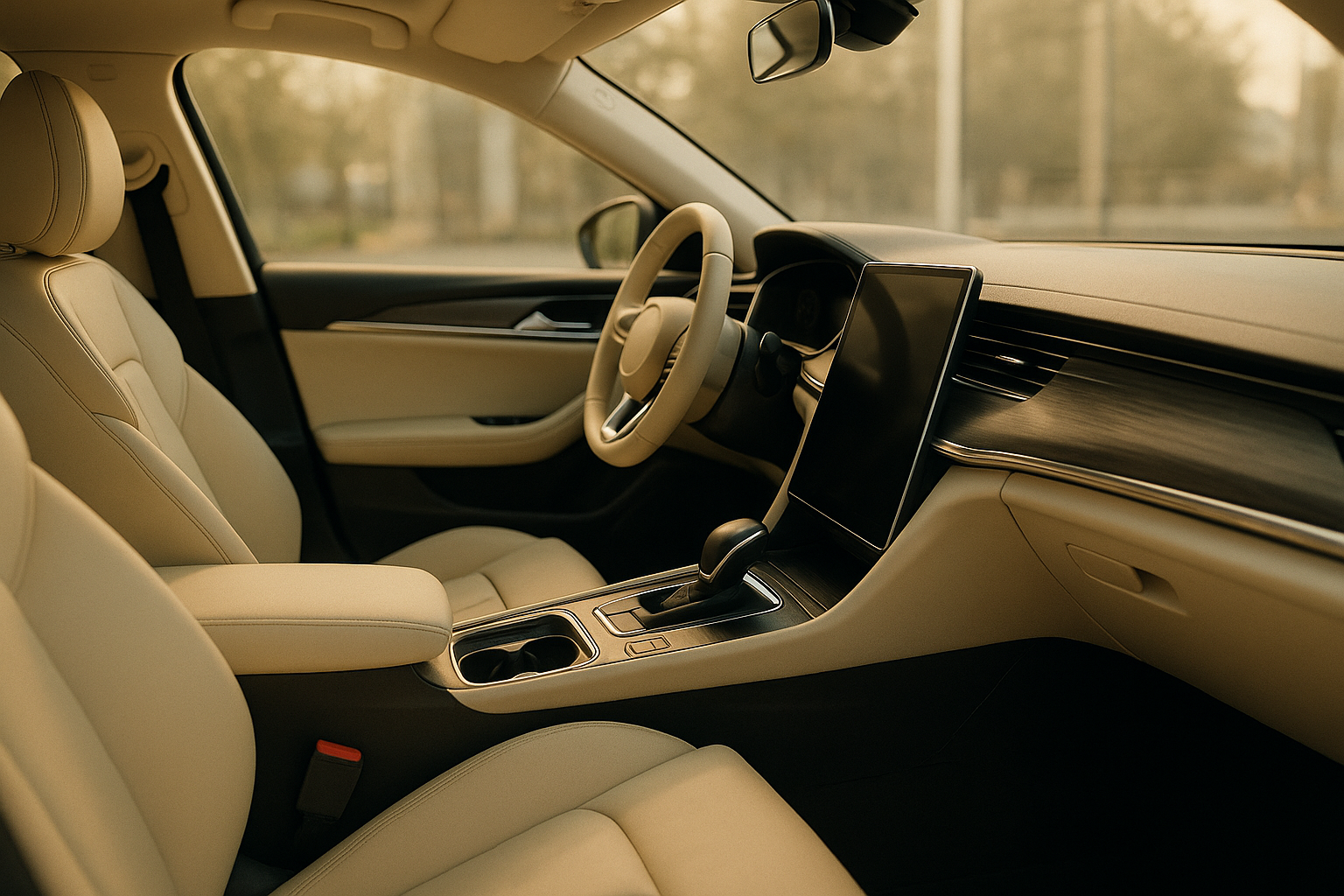 Clean modern car cockpit with touchscreen and cream leather